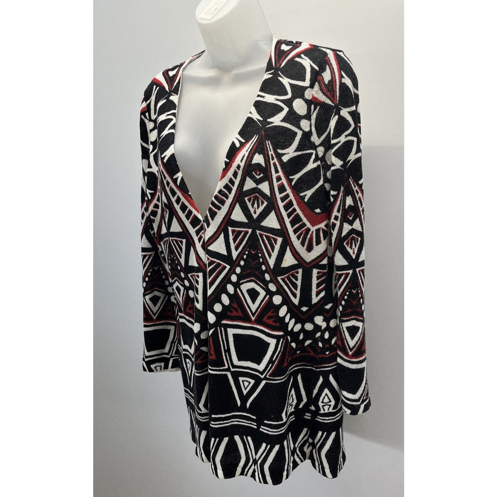 Chico's Linen Blend Cardigan Womens Size 0 Black Red Open Front Sweater
