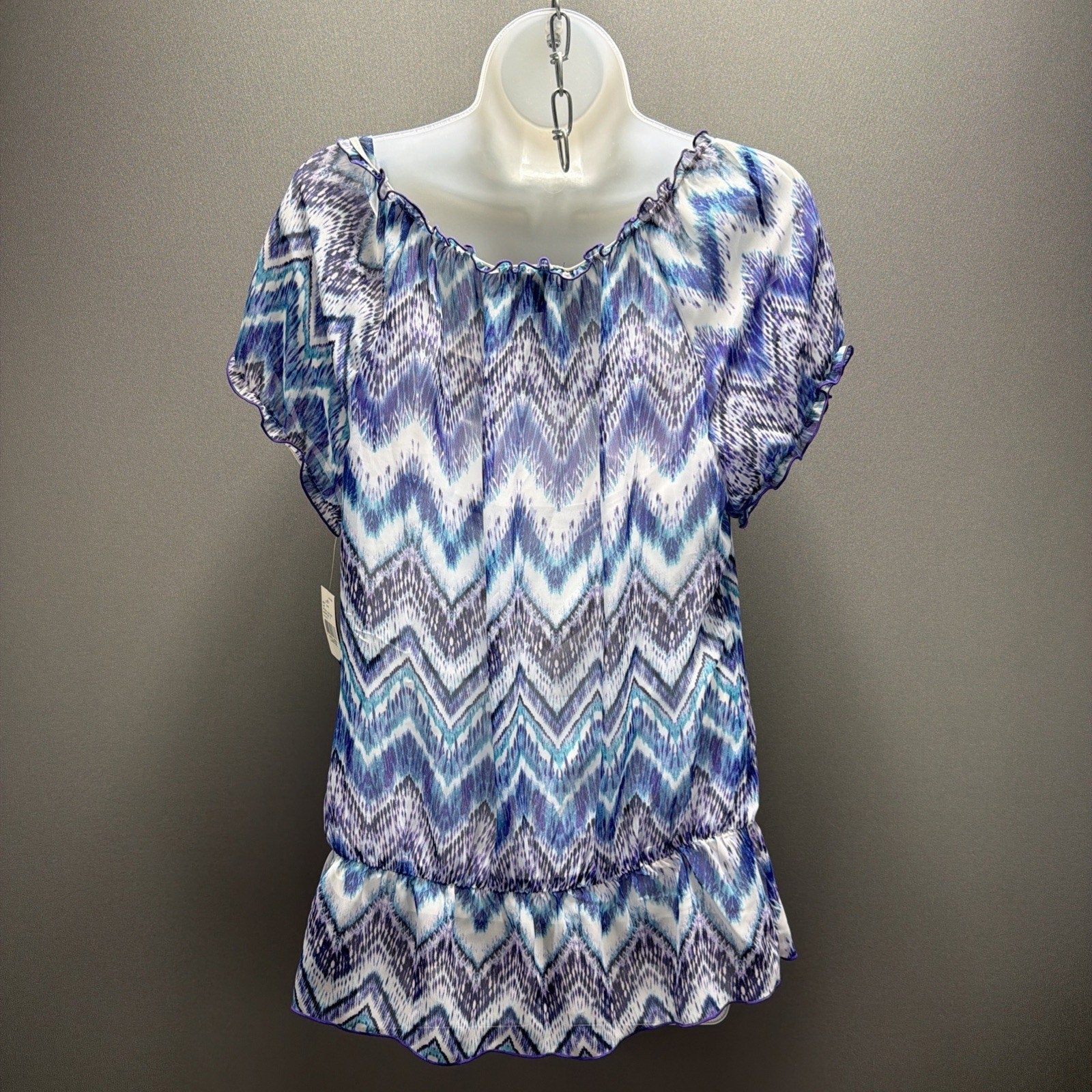 B-Wear Women's Abstract Multicolor Aztec Lined Drape Top Blouse L NWT
