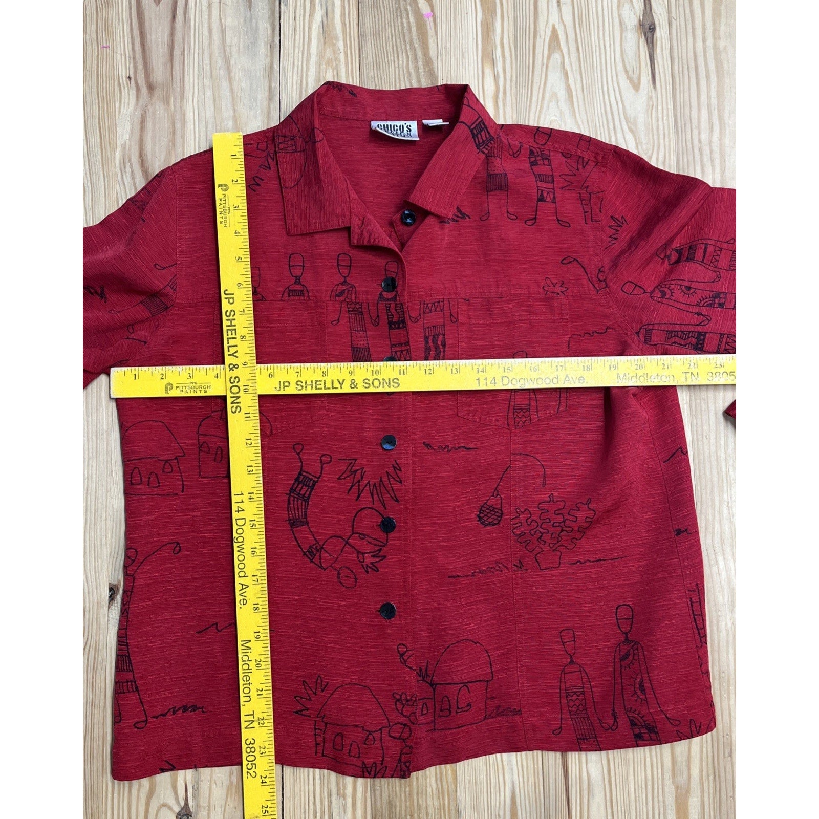 Chico's Design VTG Sz 2 L Red Wearable Art Silk Linen Button-Up Top - Beautiful!