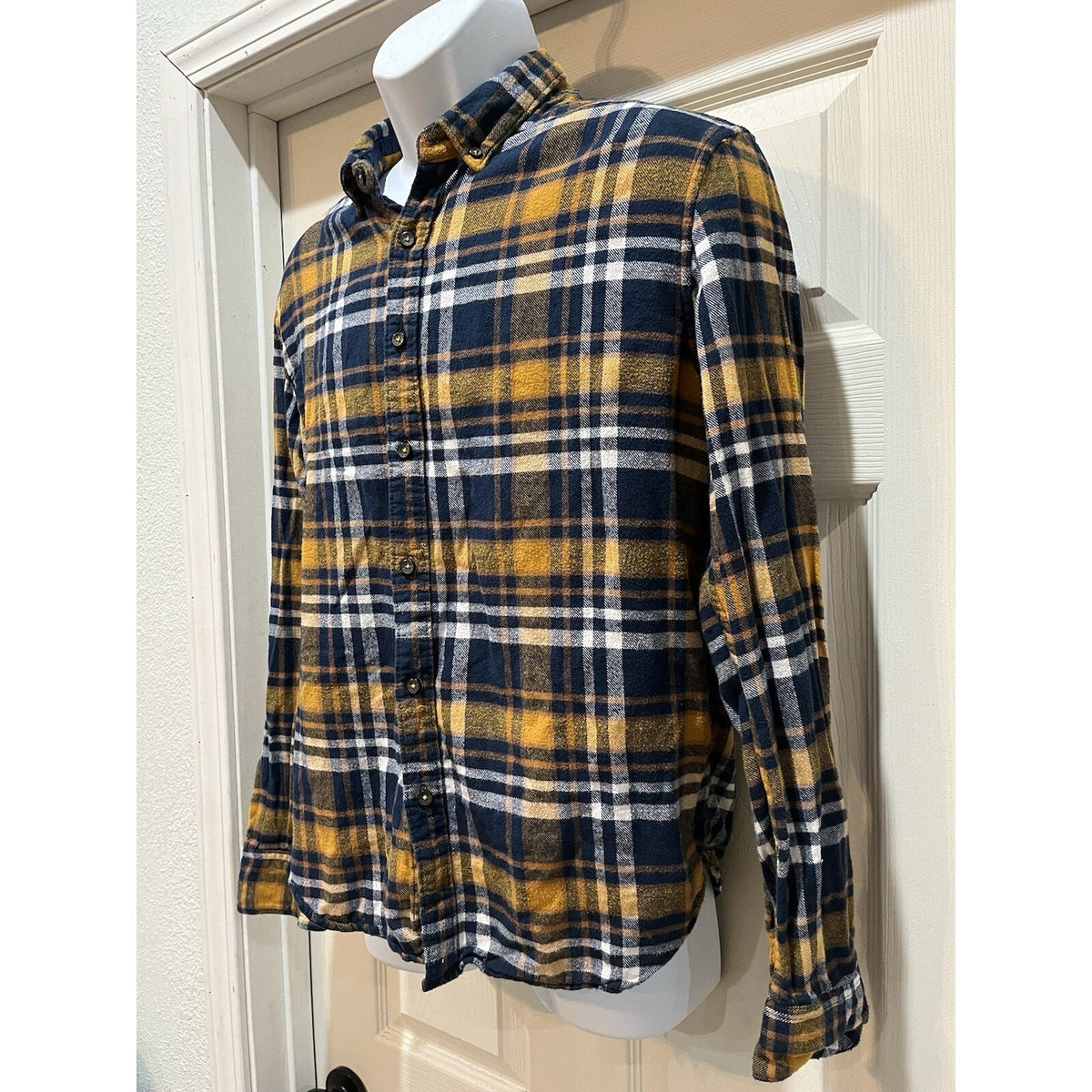 Denim and Flower Flannel Shirt Men's M Blue Yellow Plaid Soft Ricky Singh Casual