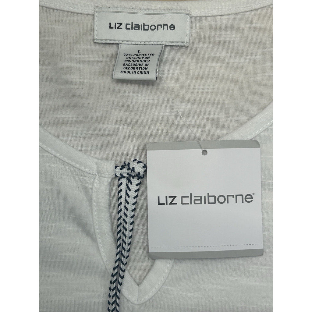 Liz Claiborne Top Womens Large White With Blue Trim Pullover Short Sleeves NWT.