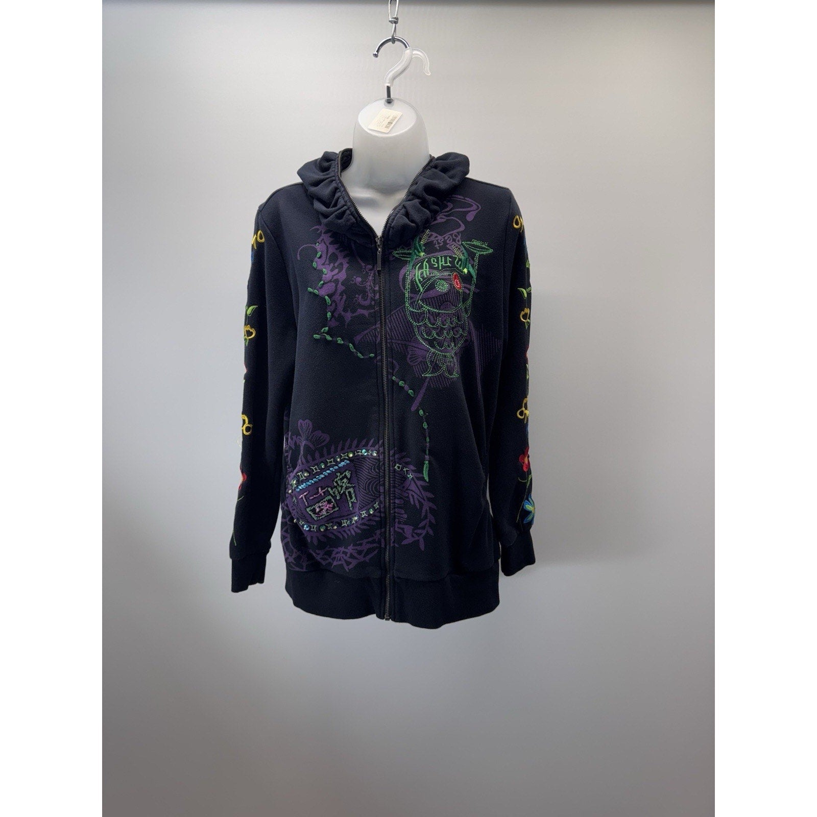 ADORE Juniors XL Embroidered Sweatshirt Hoodie Full Zip Graffiti Colorful