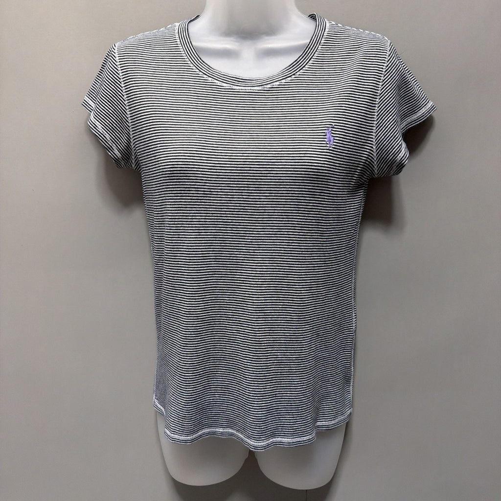 Ralph Lauren Sport Shirt Womens M Black/White Striped Short Sleeve Pullover