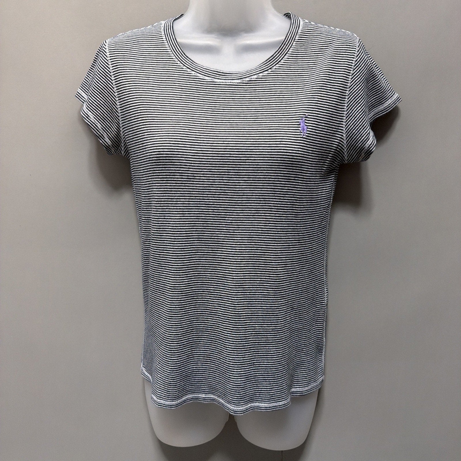 Ralph Lauren Sport Shirt Womens M Black/White Striped Short Sleeve Pullover