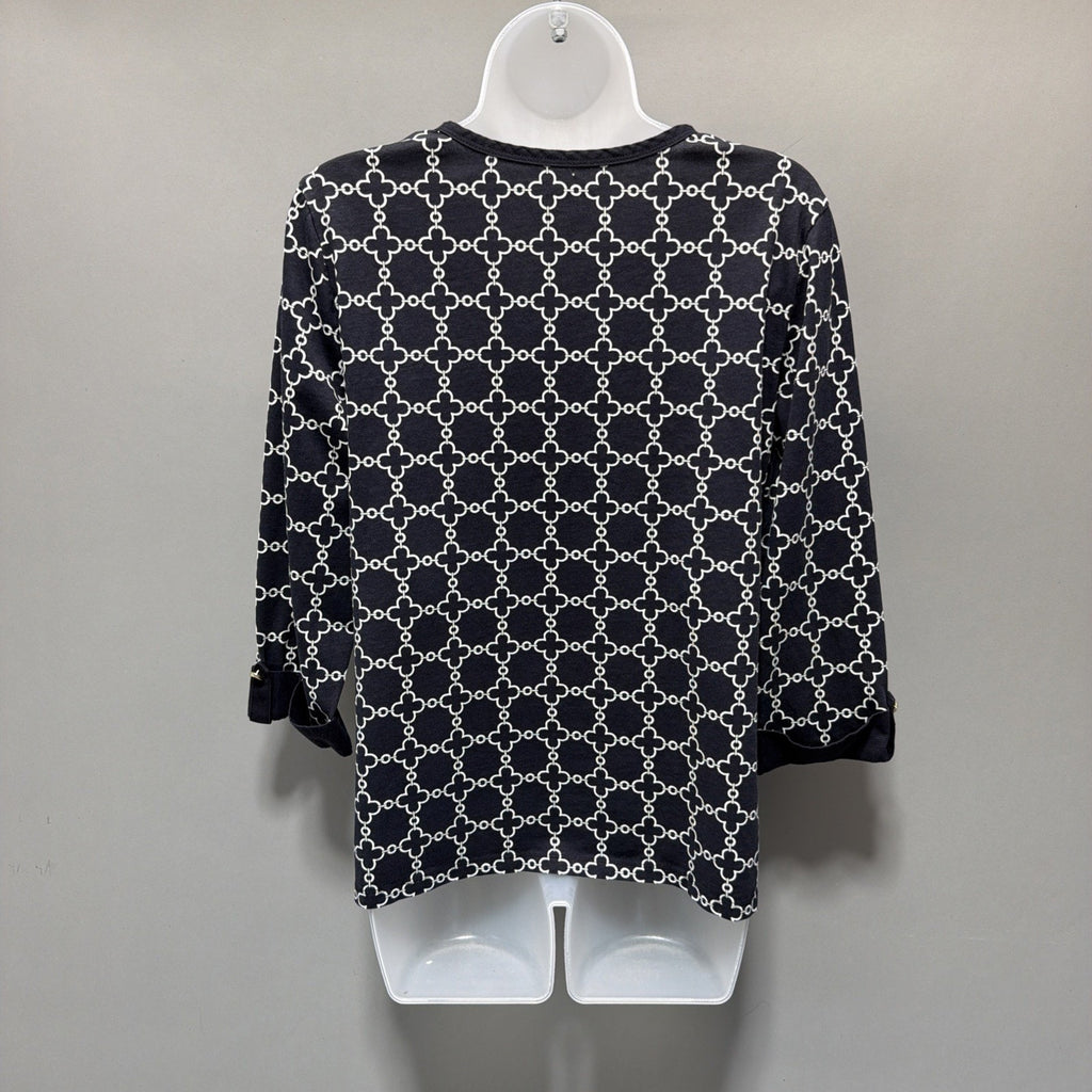 Charter Club Luxury womens L black white diamond print pima cotton blouse