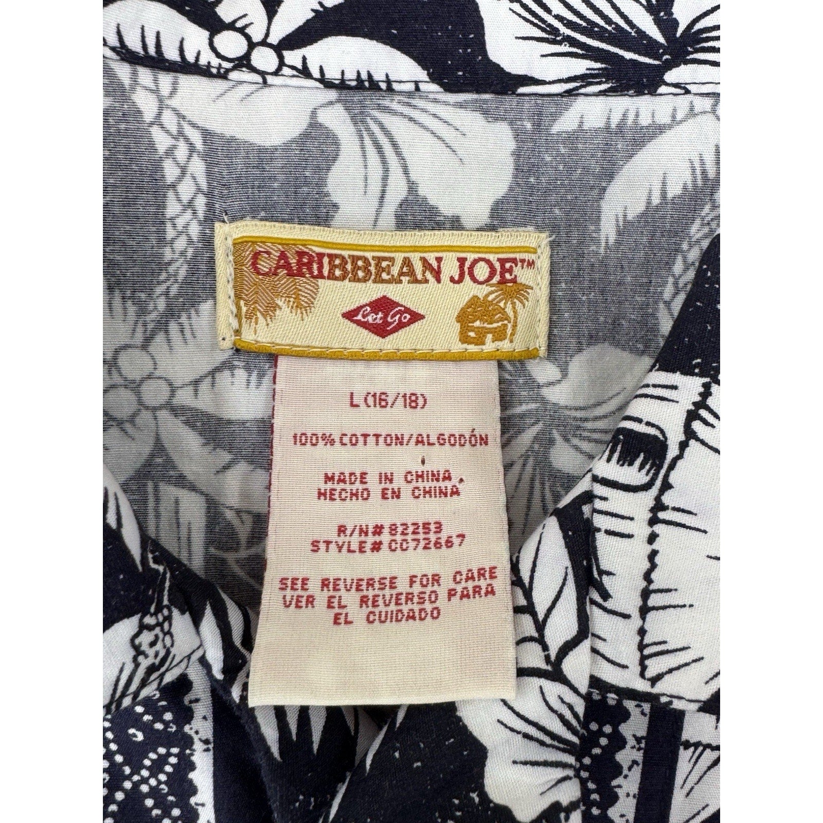 Caribbean Joe Black & White Floral Button-Up Beach Shirt Youth Boys Size L 16/18