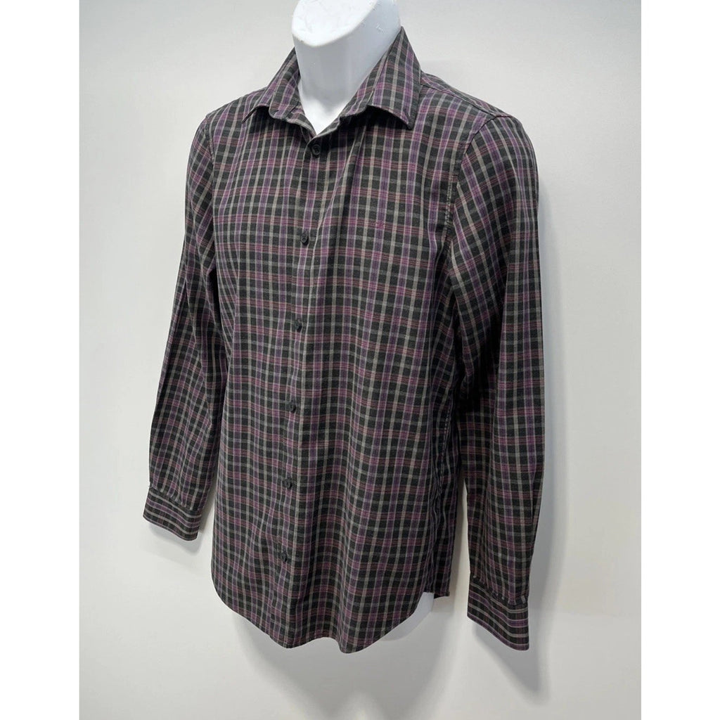 Calvin Klein Shirt Mens Small Black Purple Plaid Long Sleeve Button Up