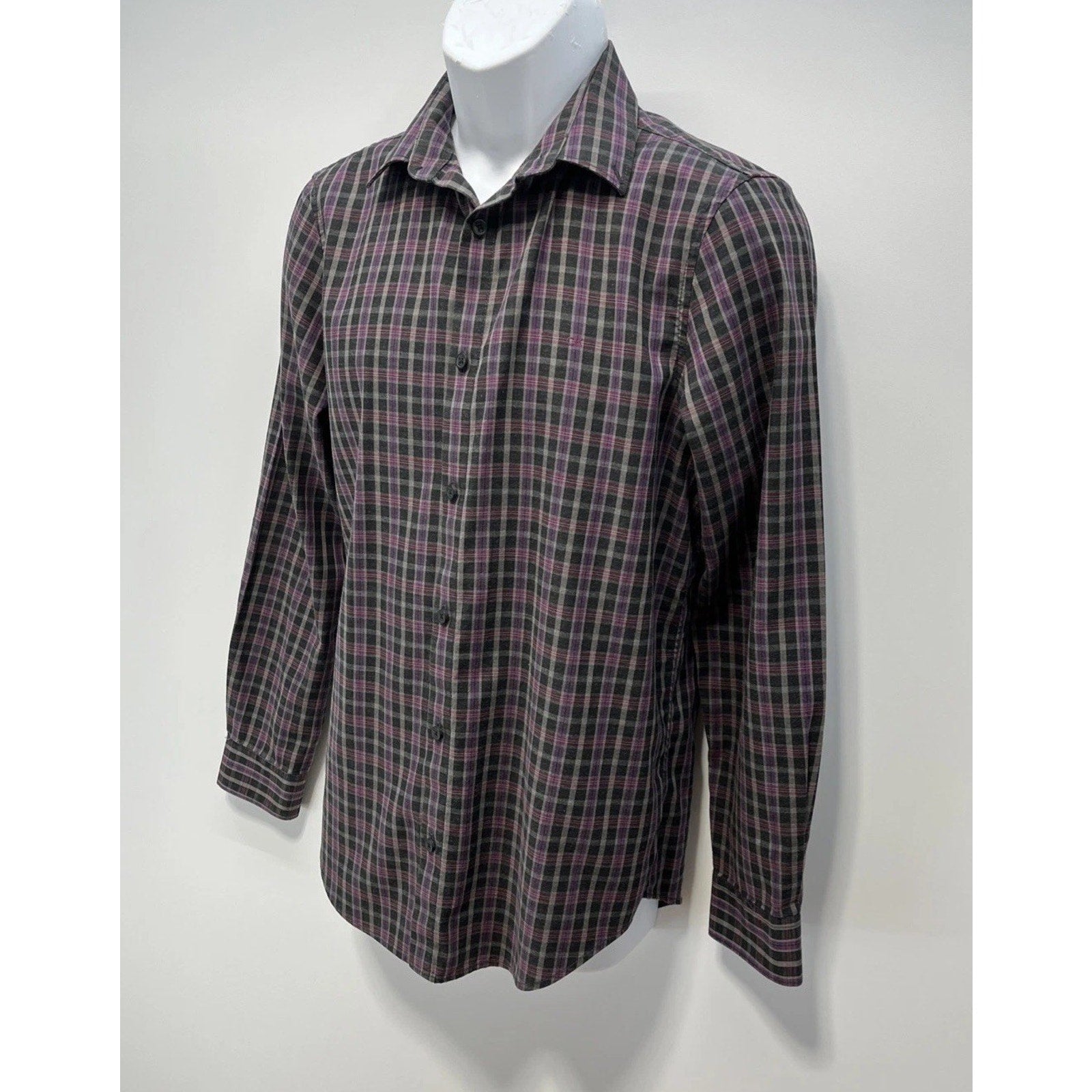 Calvin Klein Shirt Mens Small Black Purple Plaid Long Sleeve Button Up