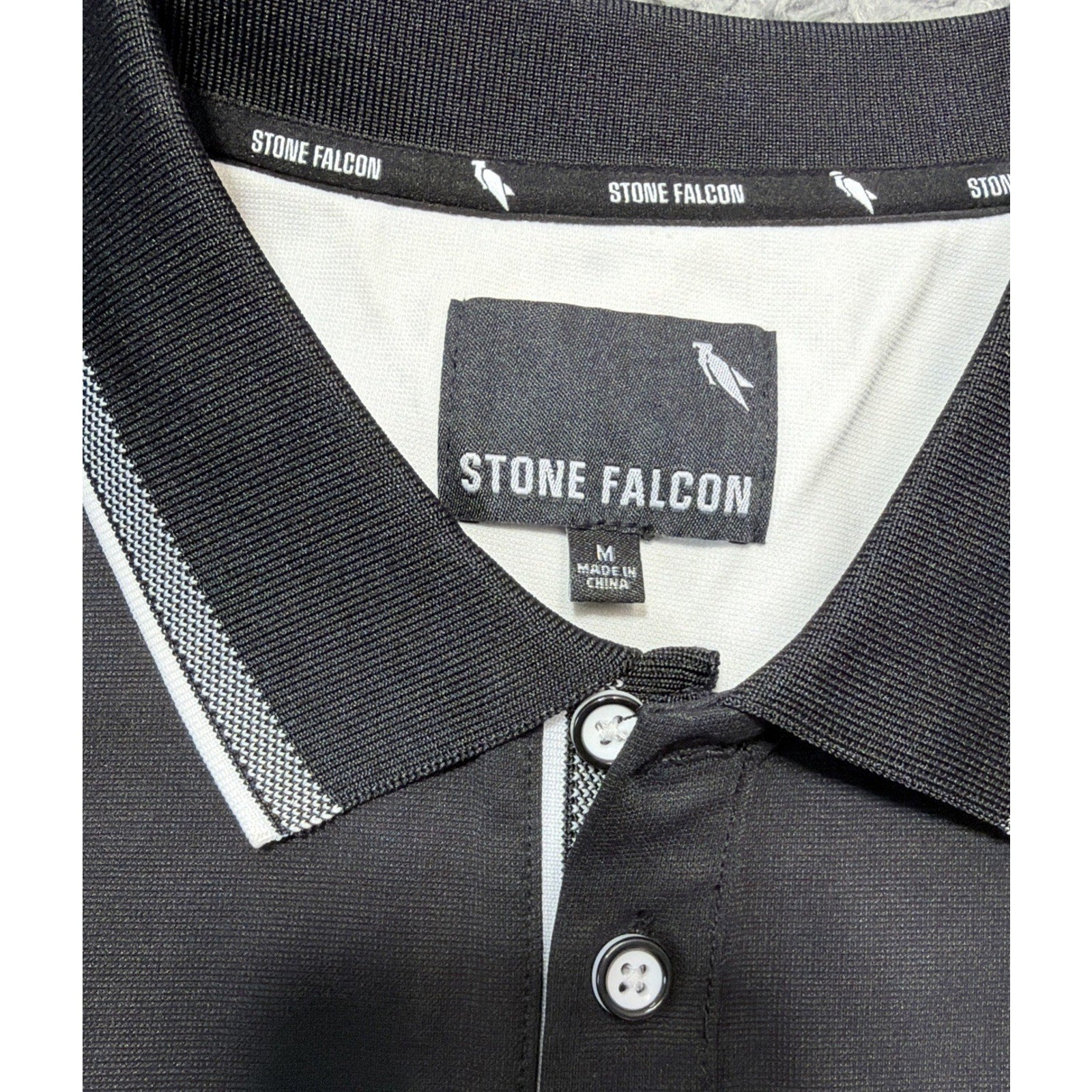 Stone Falcon Polo Shirt Mens M Black Pullover Stretch Casual 3 Button