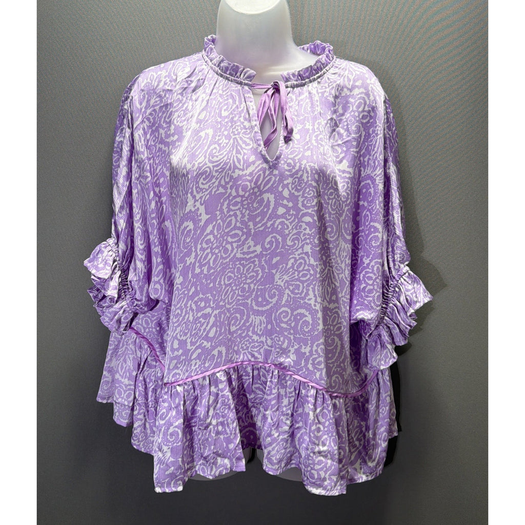Umgee Lavender Floral Paisley Sheer Oversized V-Neck Blouse Size Small