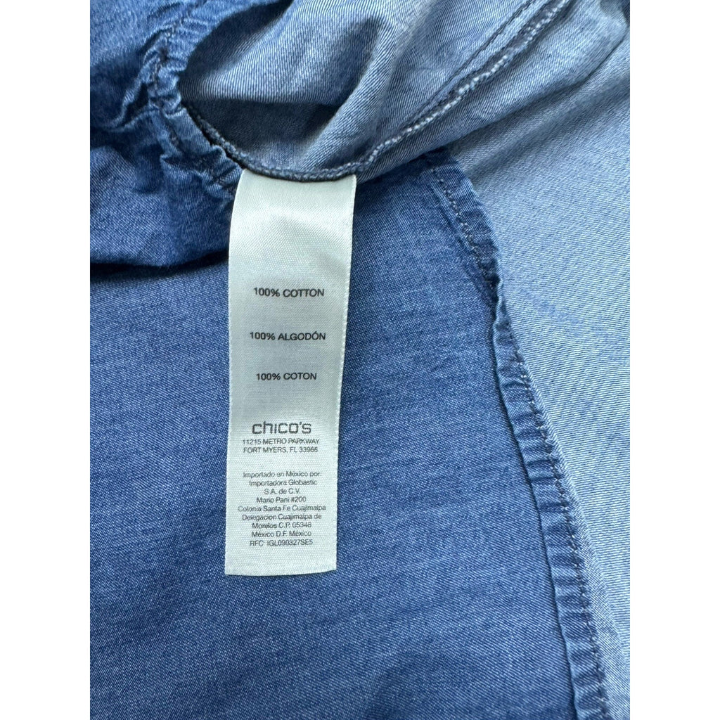 Chicos Chambray Shirt Womens Size 1/M Lace Up Long Sleeve Denim Top Round Hem