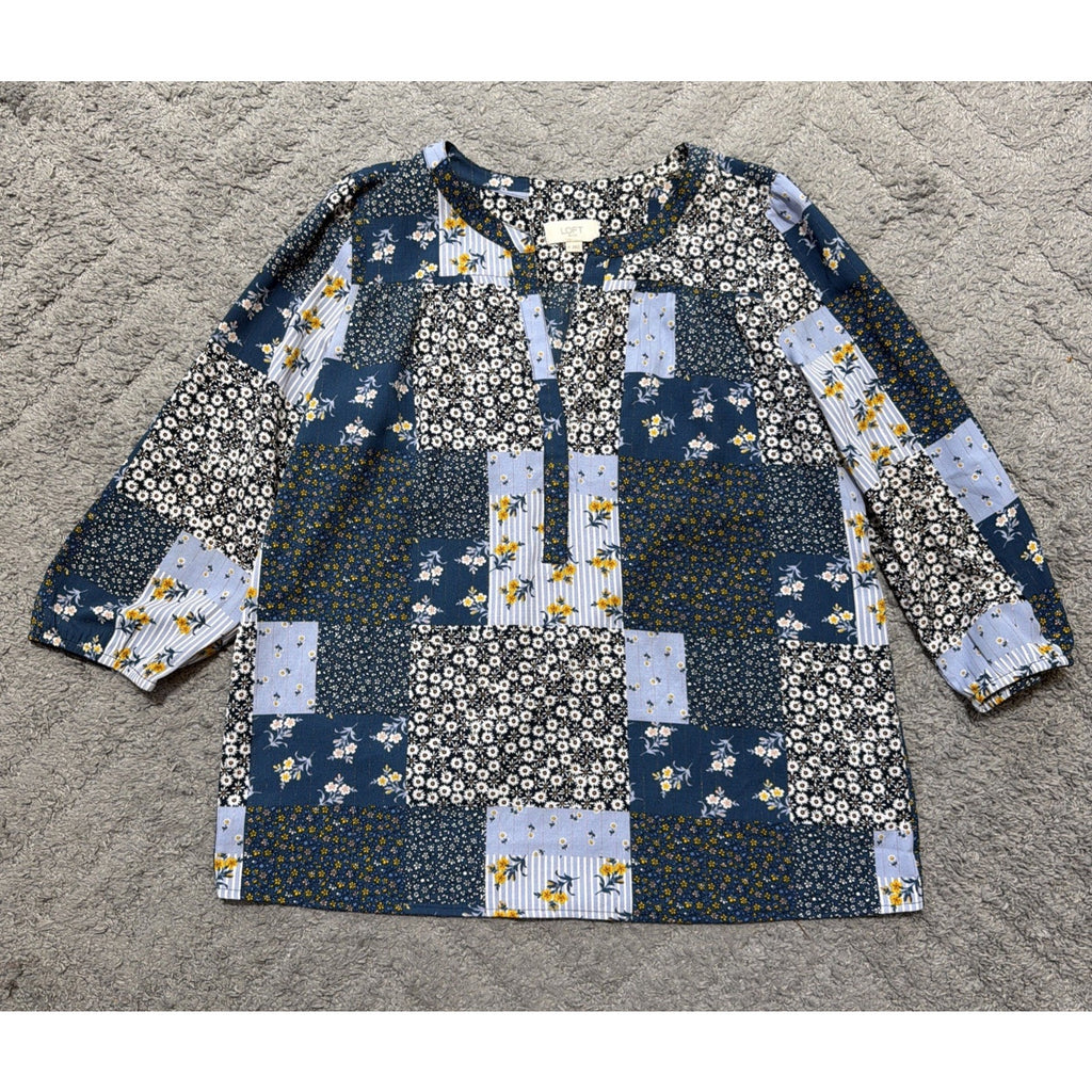 ANN TAYLOR LOFT Blouse M Blue Sheer Patchwork Boho Ditzy Fairy Floral Top