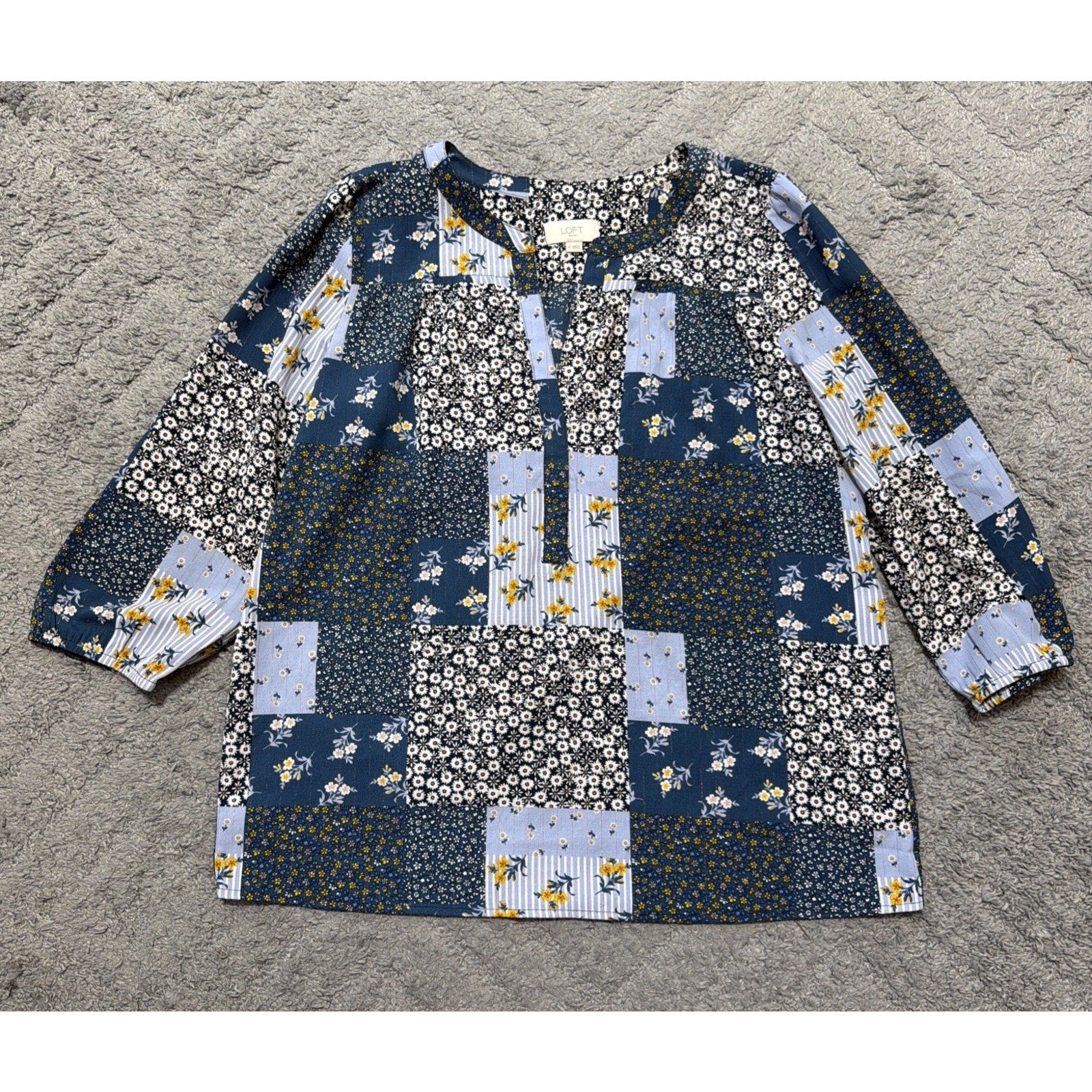 ANN TAYLOR LOFT Blouse M Blue Sheer Patchwork Boho Ditzy Fairy Floral Top