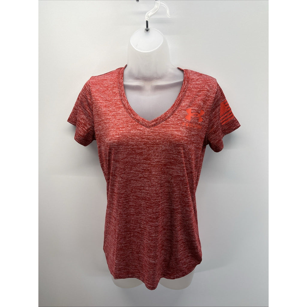 🌞 Under Armour Shirt Women's V Neck XS Loose Fit Freedom American Flag Red