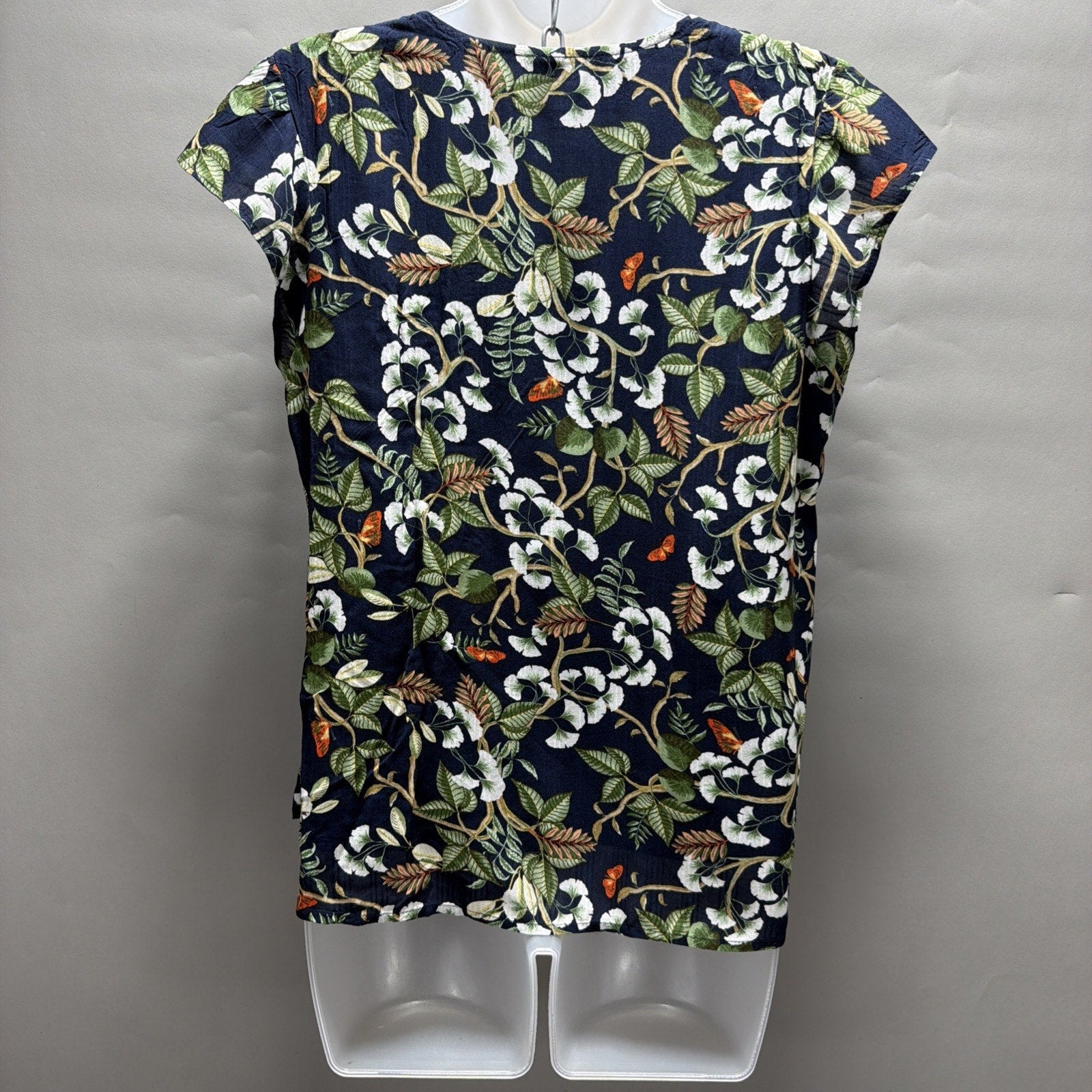 Women's Ann Taylor LOFT Floral Butterfly Lined Navy Blue Cap Sleeve Top SP