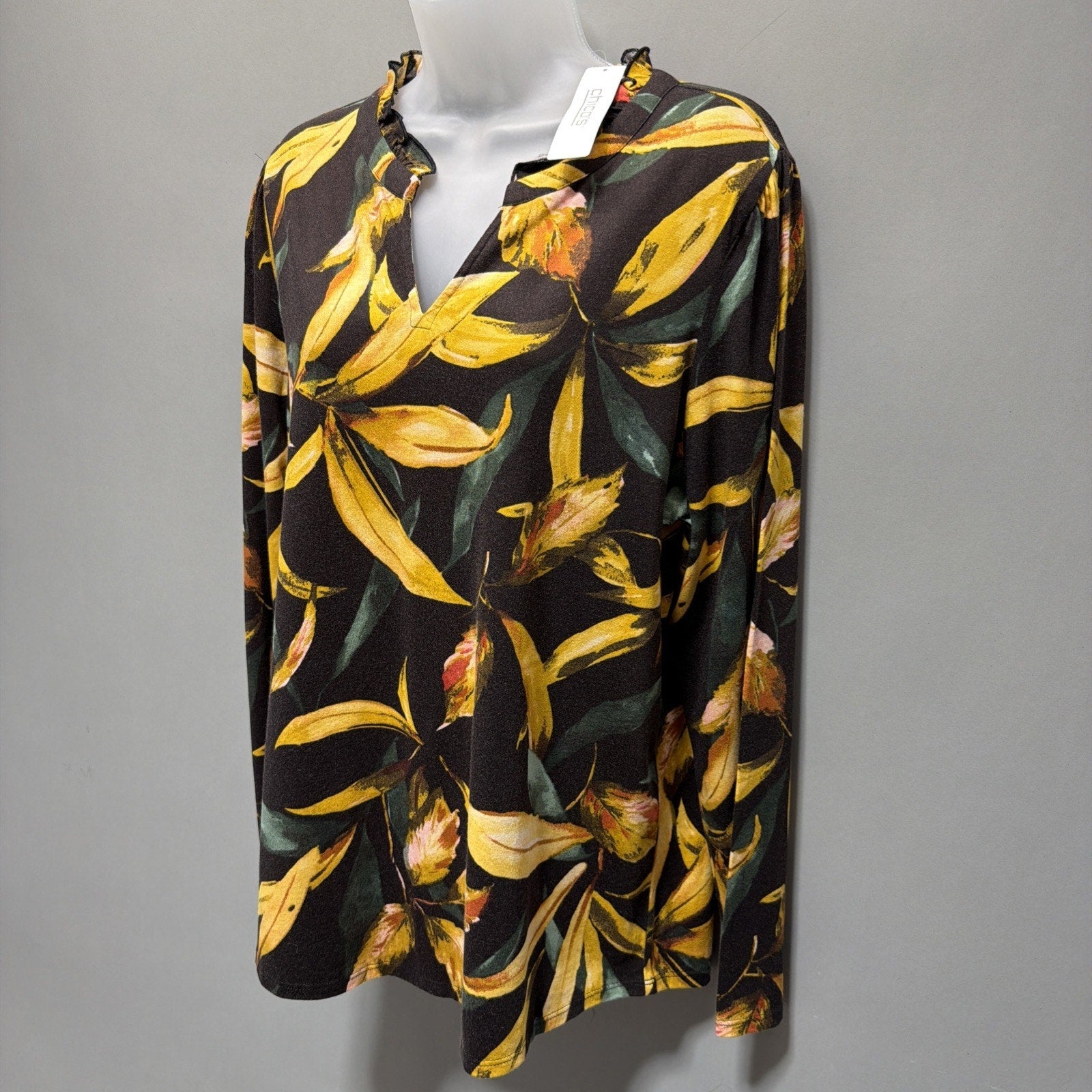 Chicos Top Womens 2 L Yellow Stretch Ruffle Neck Pullover Tropical Floral NWT