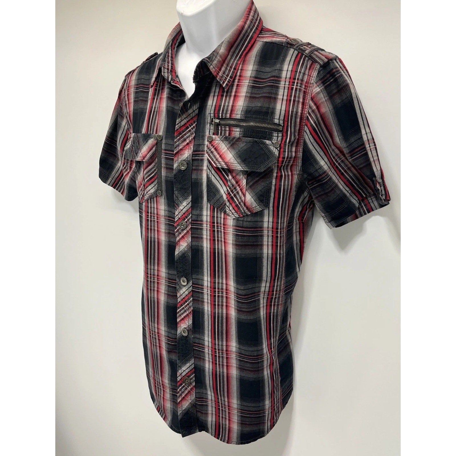 Rebel Soul Western Red Plaid Shirt Large Black Button Up Short Sleeve Mens