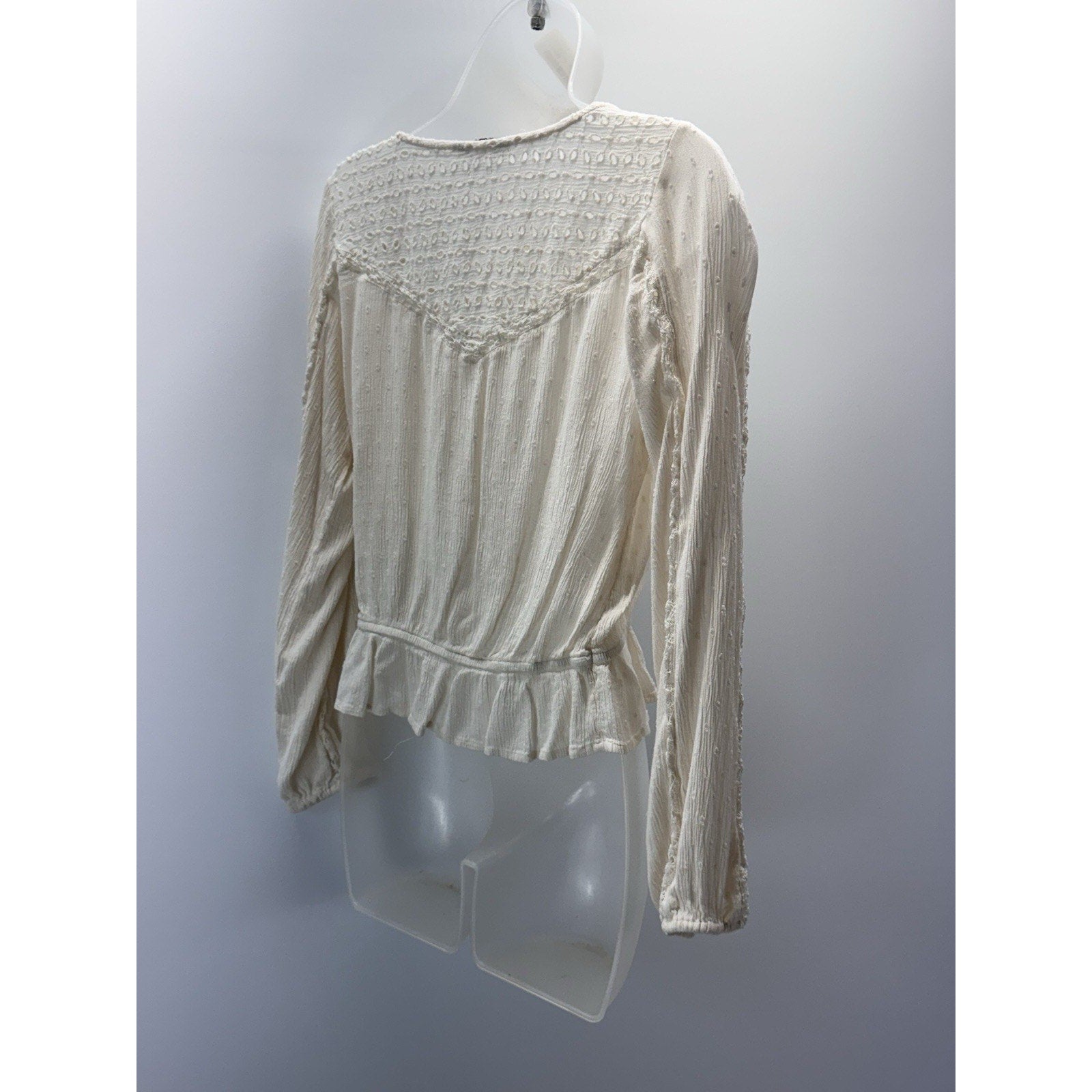 American Eagle Women’s Small Shirt Blouse Top Button Embroidered Cream Ruffle