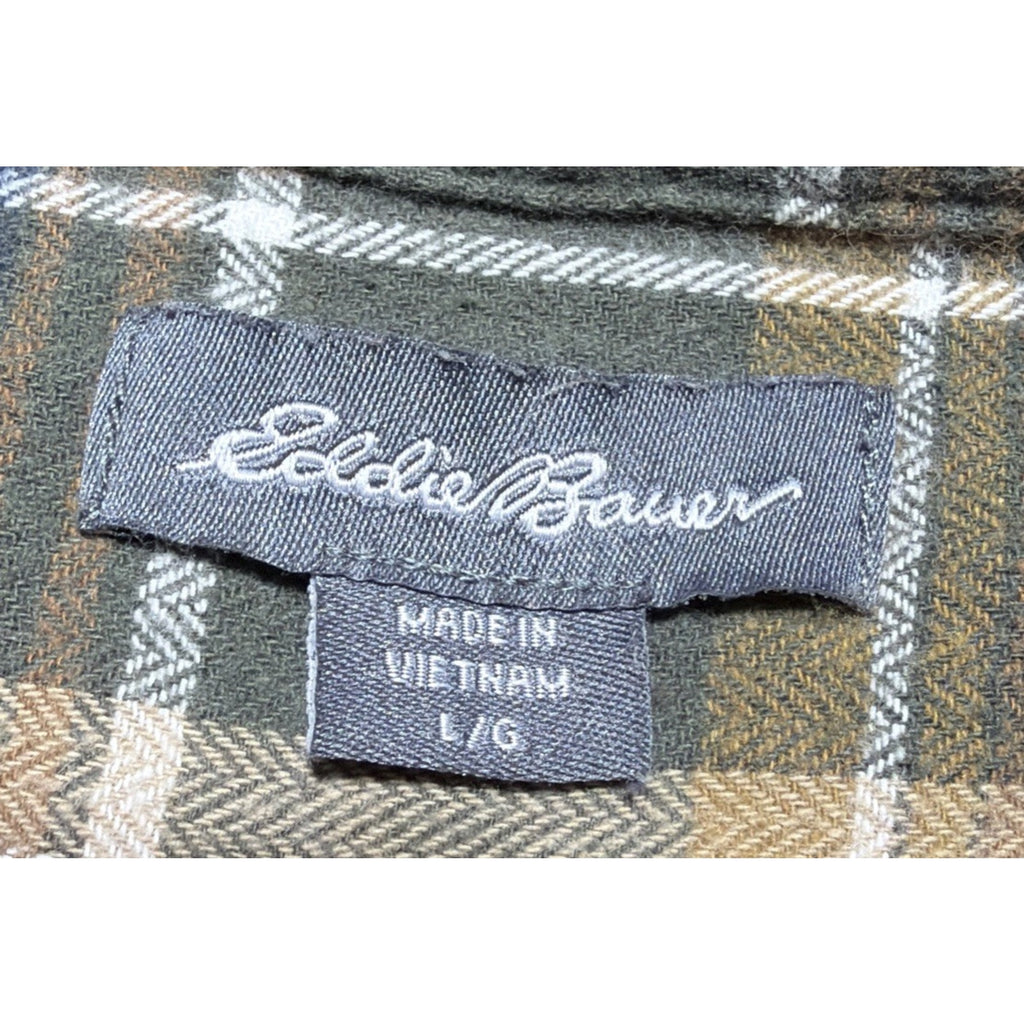 Eddie Bauer Mens L Bristol Flannel Button Down Shirt Brown Plaid Outdoors Casual