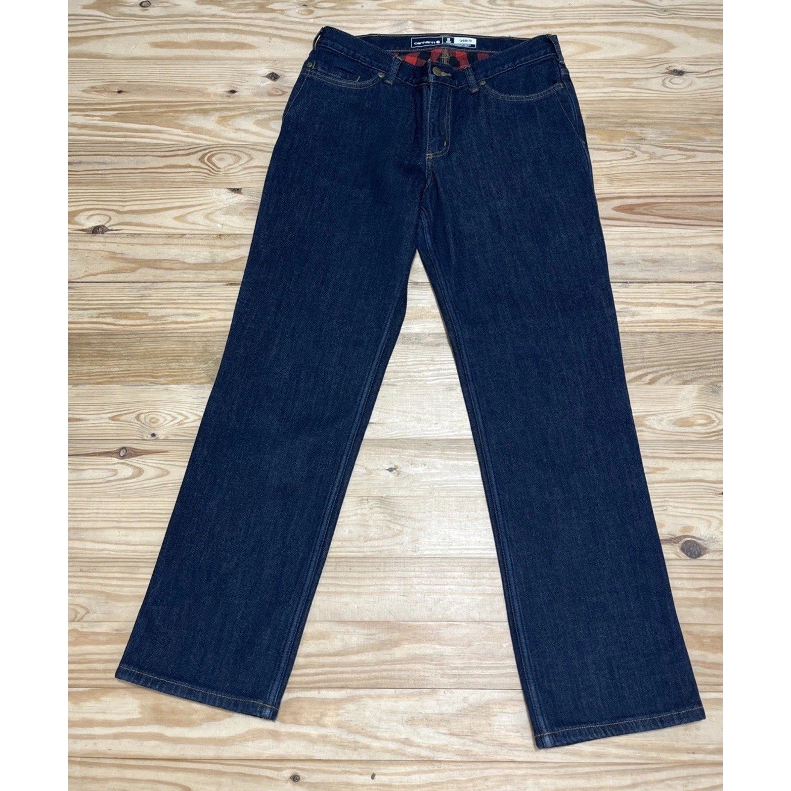 Carhartt Jeans Womens 10 Short Blue Flannel Lined Loose Fit Straight Leg Dark