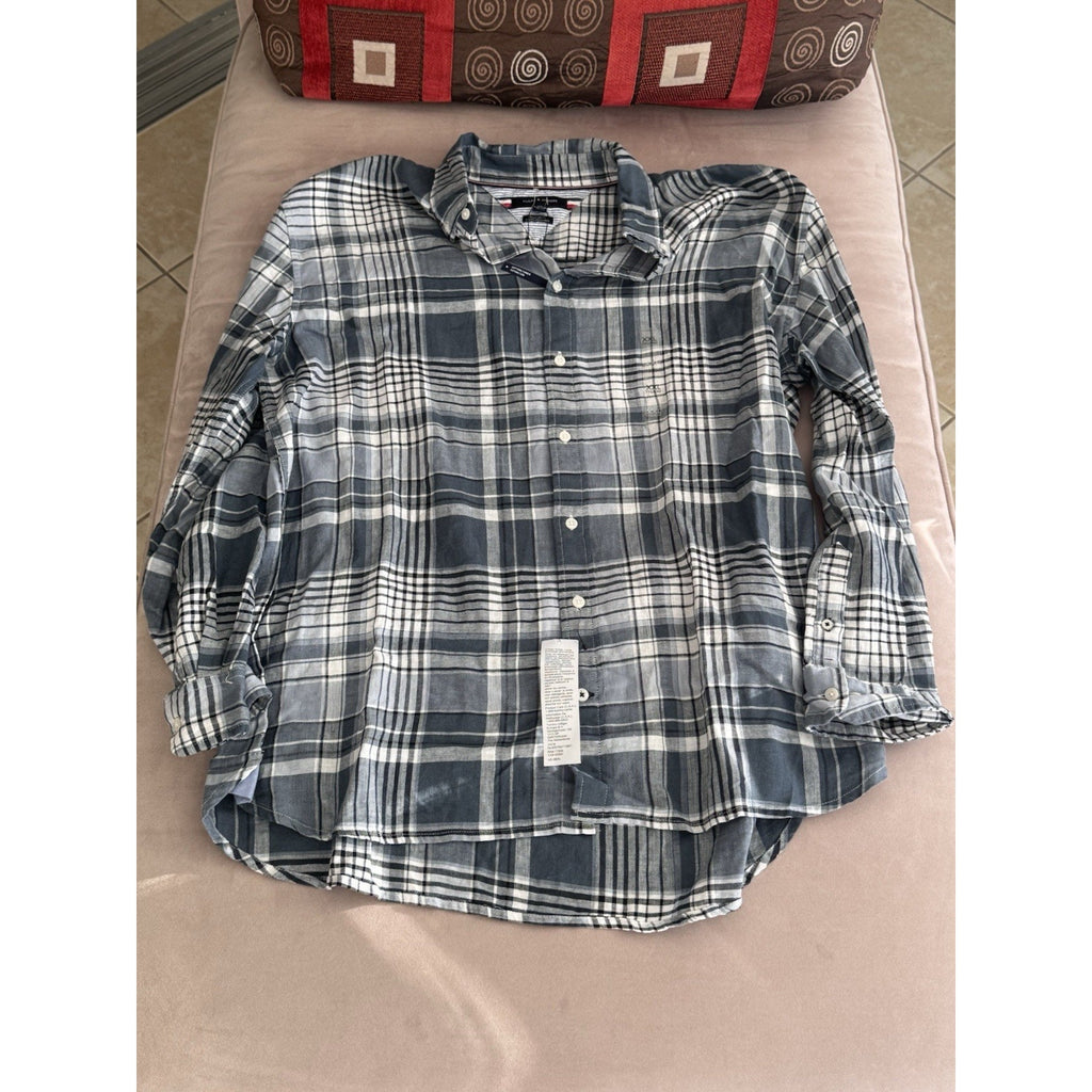 Tommy Hilfiger Linen Blend Shirt Mens XXL Blue Plaid Preppy Regular Fit New