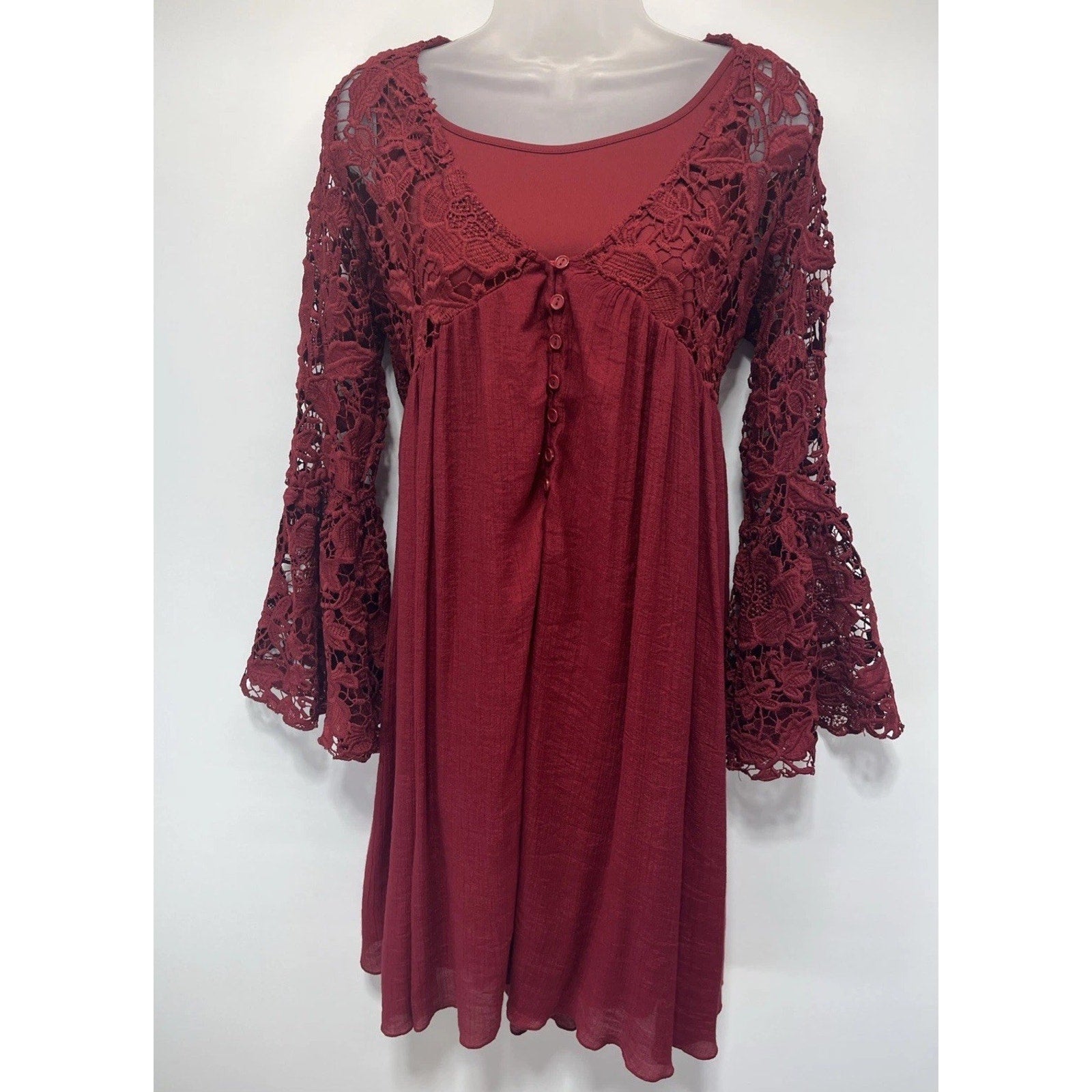 Indigo Thread Co Size S Red BABYDOLL DRESS Bell Sleeves + Heavy Lace