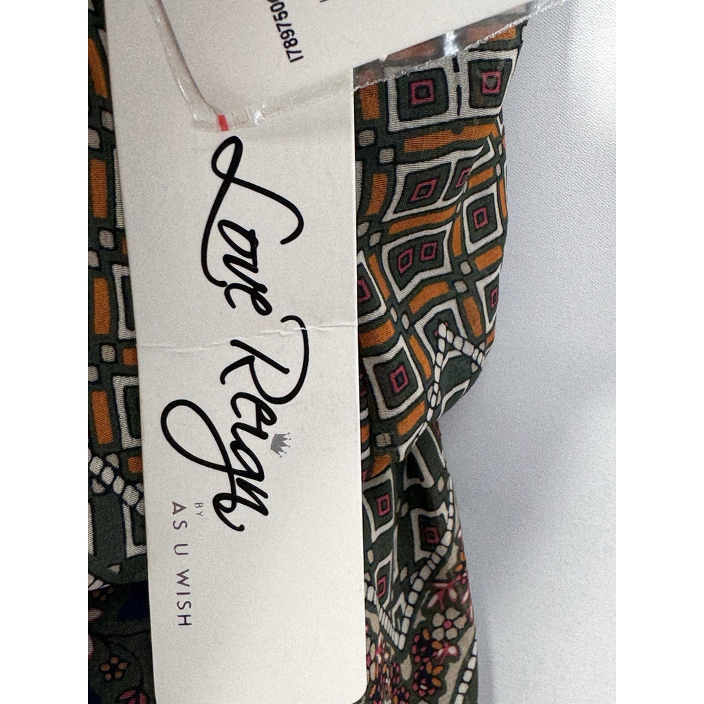 Love Reign Geometric Print Halter Spaghetti Strap Dress Green Red Women’s Size S