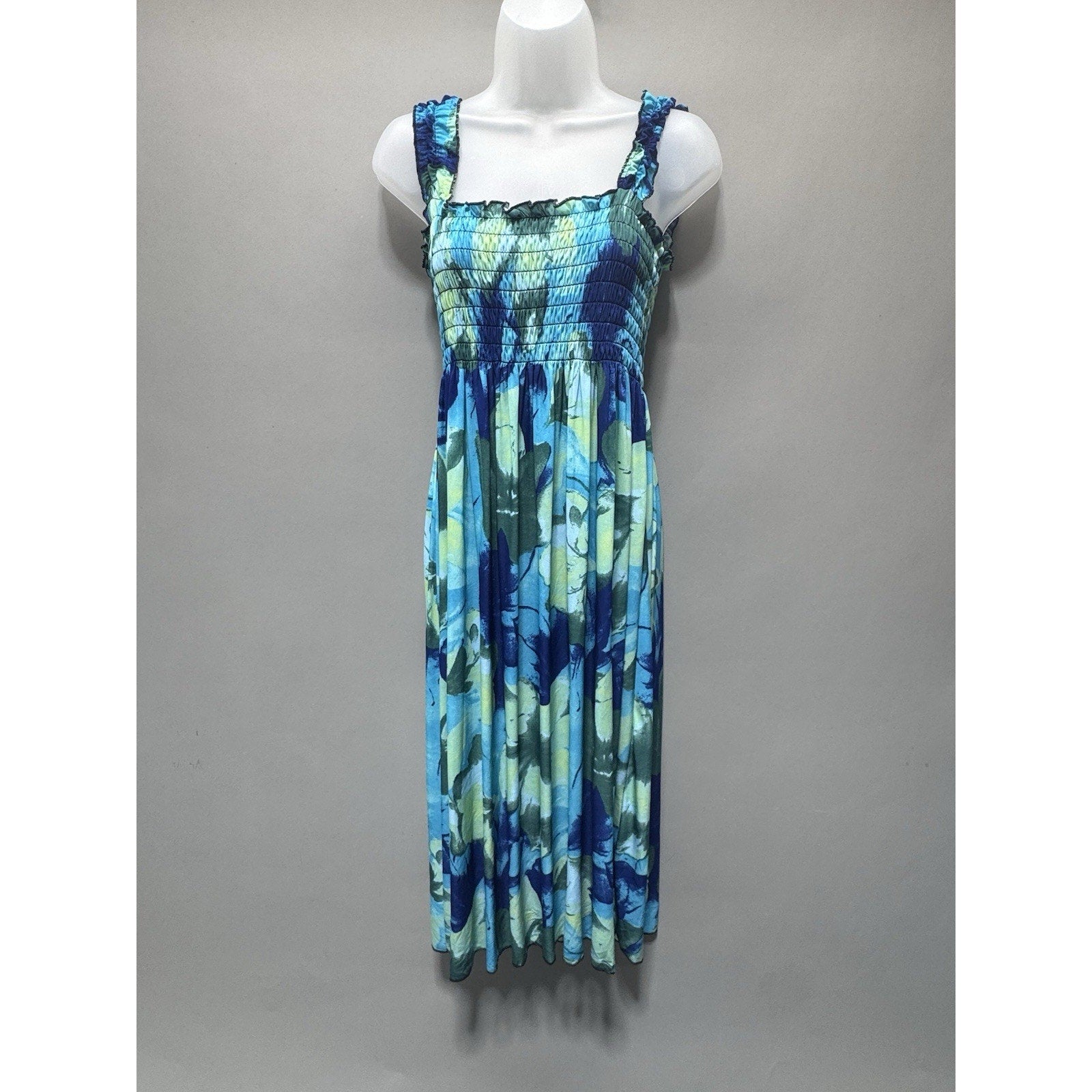 The Drop Smocked Floral Maxi Dress Square Neck Strappy Blue Green XL