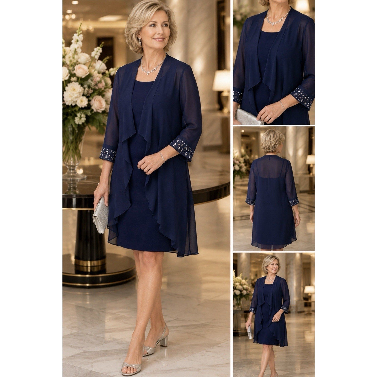 NWT SLNY 16P Deep Navy Sheer Beaded Open Front Duster Jacket Cover Up Petite