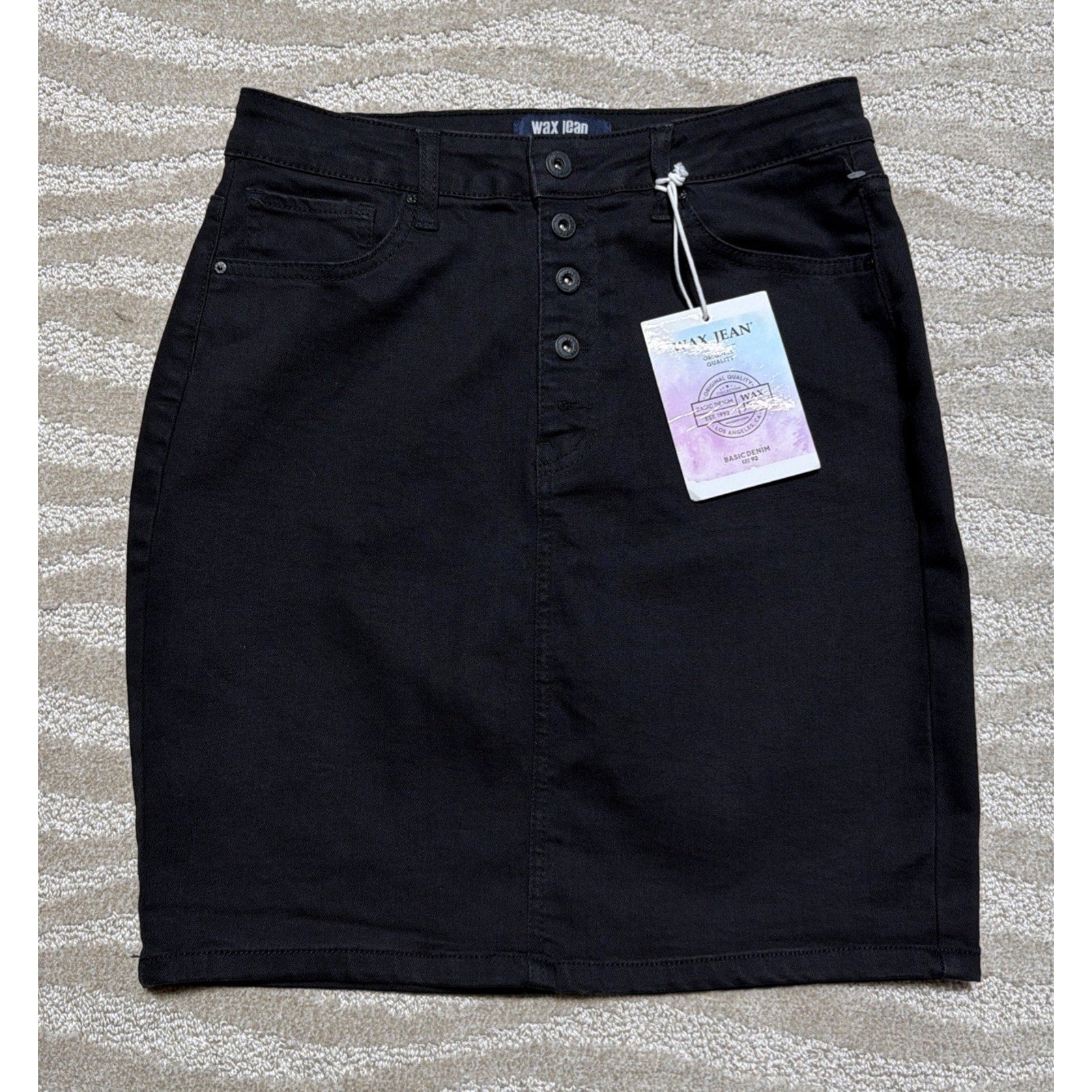 WAX Jeans Women's Size Large Stretch Midi Skirt Button Fly Black Wash NWT