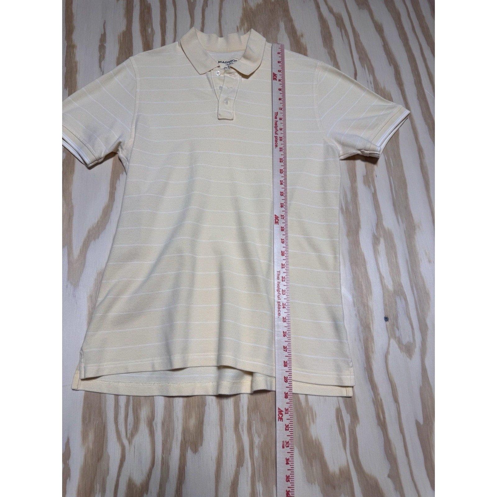 Madison Clothing Co Polo Shirt Mens M Cream Striped 100% Cotton Short Sleeve