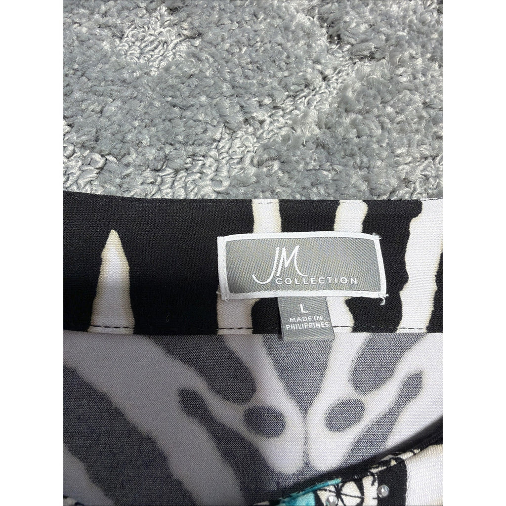 JM Collection Blouse Size L Black Animal Print Beads Boho Aztec V-Neck