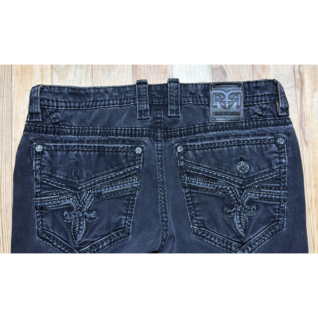Rock Revival Jeans Mens 38x30 Black Lambeth Denim Pants Embroidery Straight