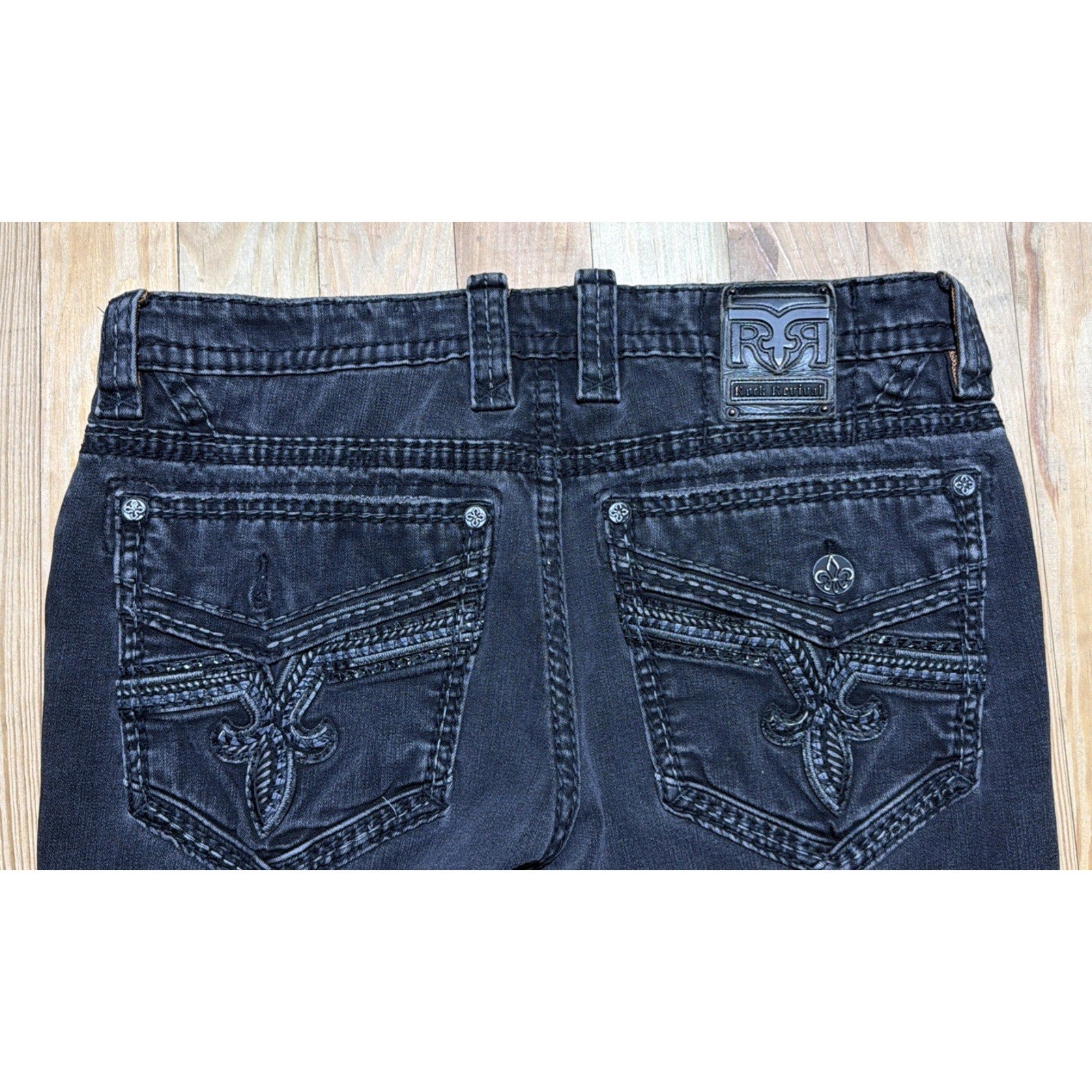 Rock Revival Jeans Mens 38x30 Black Lambeth Denim Pants Embroidery Straight