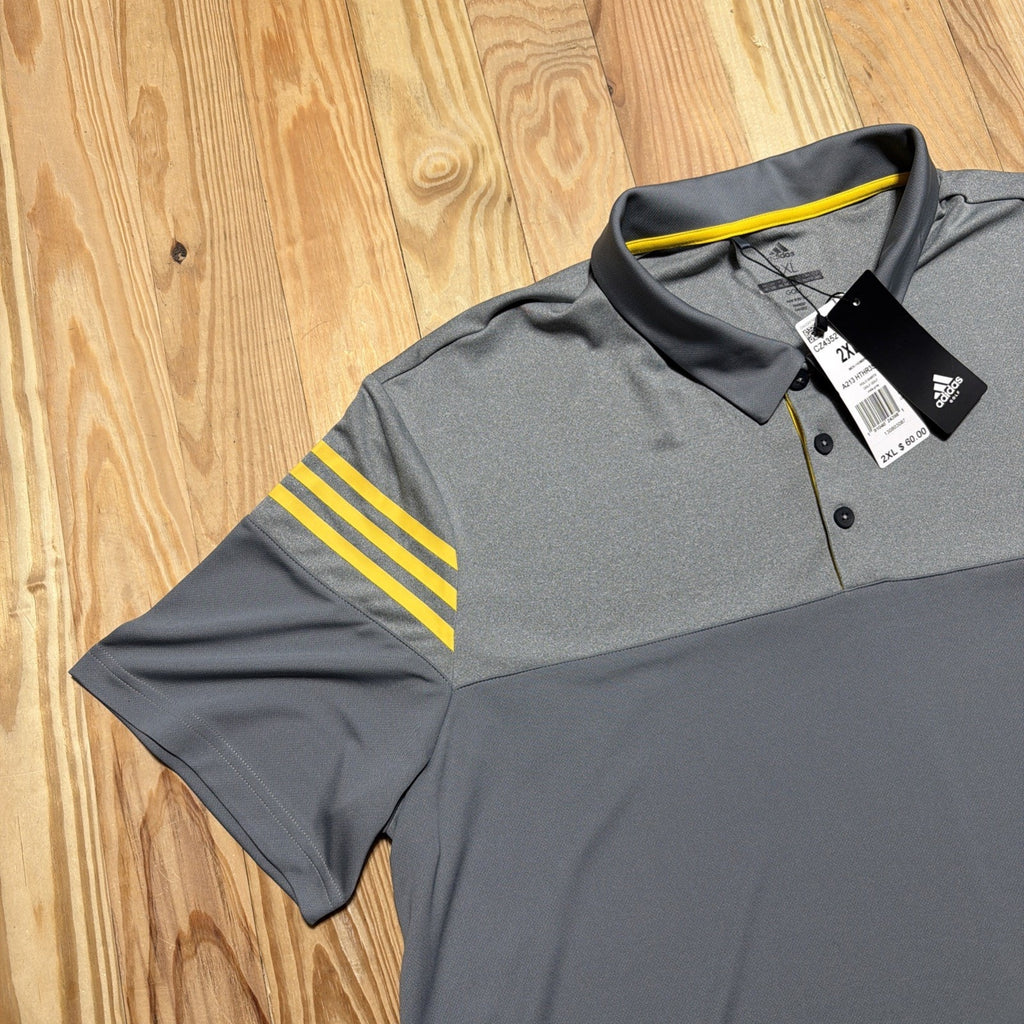 Adidas Heathered 3-Stripes Colorblocked Polo Golf Shirt Grey/ EQT Yellow 2XL New