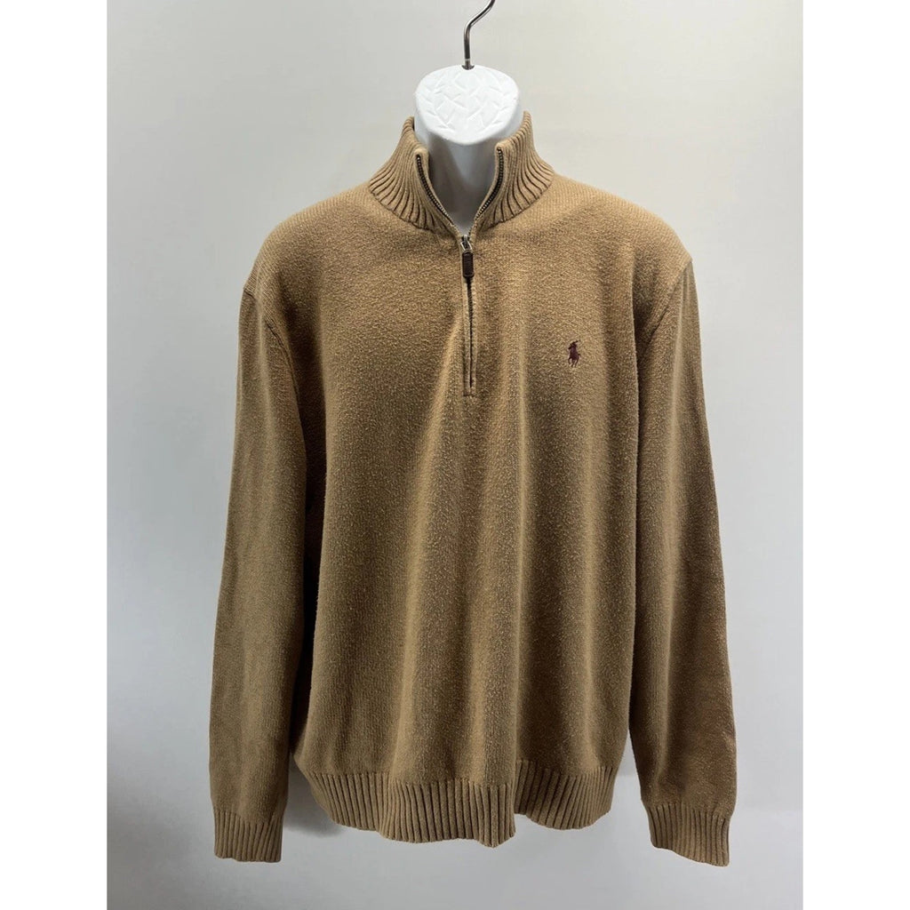 Polo Ralph Lauren Sweater Mens XL Tan Brown 1/4 Zip Cotton Pony Quiet Luxury