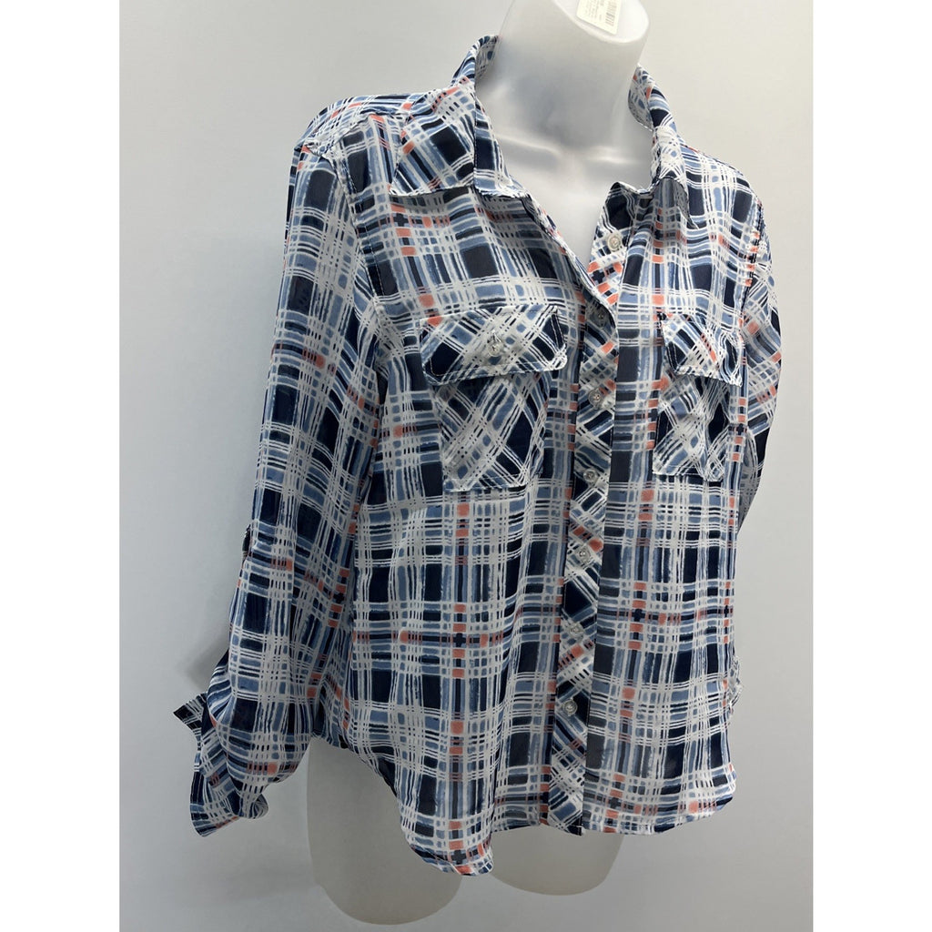 COTTON EXPRESS BLUE AND WHITE PLAID SHIRT ROLL TAB SLEEVES Button Back WOMENS L
