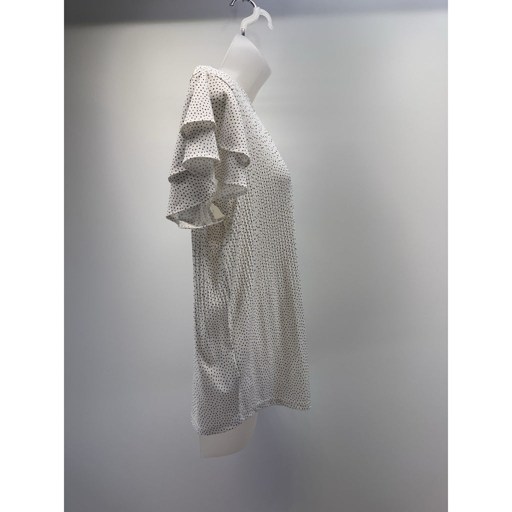 Adrianna Papell Top White Black Polka Dots Ruffle Short Sleeve Blouse Women’s M