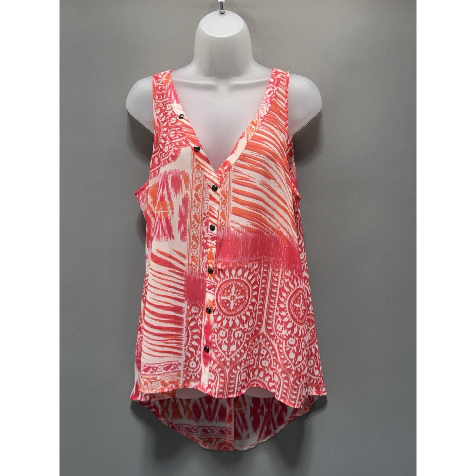 Maurices Women’s Large Sleeveless Button Front Hi Low Tank Top Pink Orange New