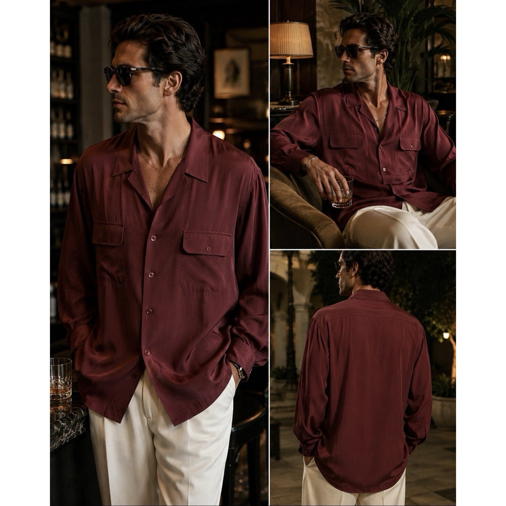 Tulliano Men’s XXXL 100% Silk Camp Shirt Wine Red Button Front Retro Lounge NWT