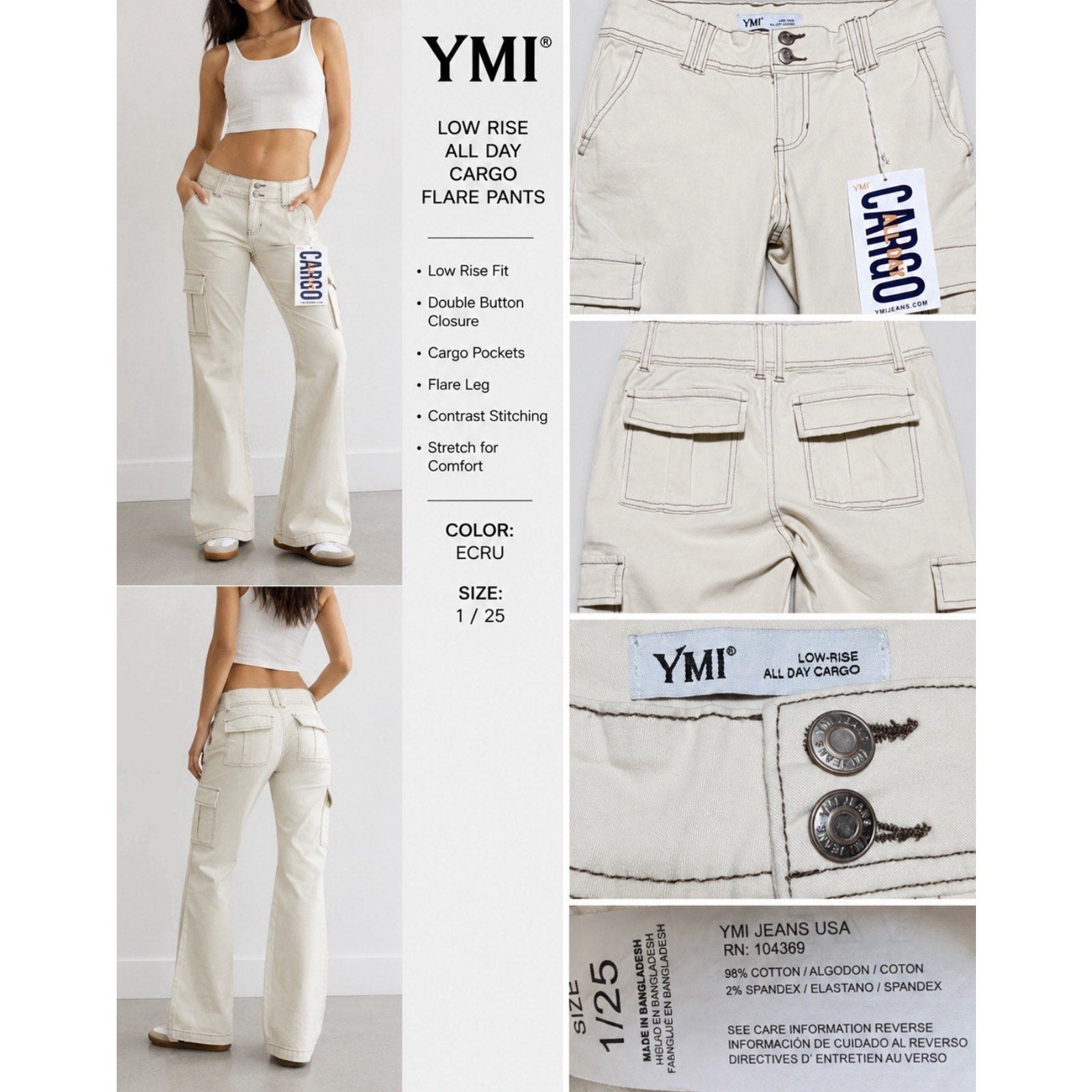 YMI Low Rise All Day Cargo Pants Biege Brown Contrast Stitch Flare Leg 1/25 NWT
