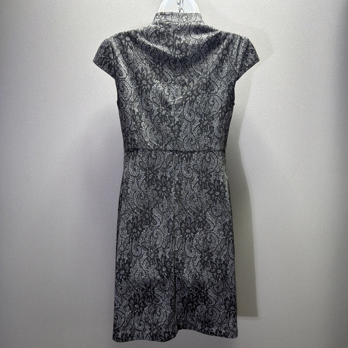 Maggy L Women’s Size 4 Black Gray Lace Print Fit & Flare Dress Cap Sleeve