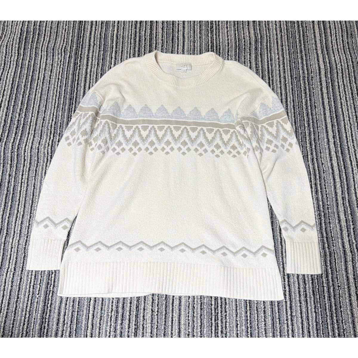 LOFT Fair Isle Knit Super Soft Sweater Blue Cream Sz.M Stretch