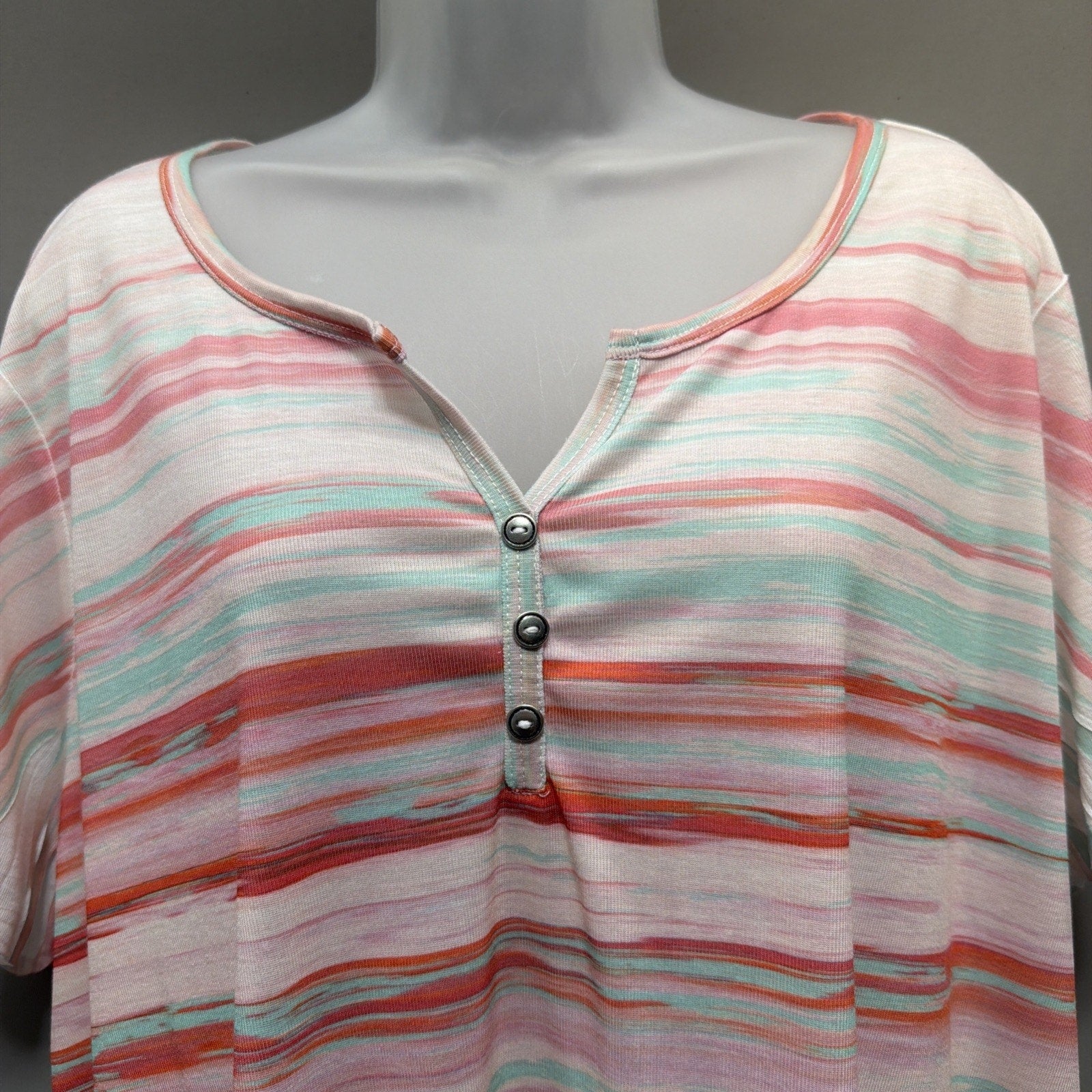 Croft &Barrow Multi Strip Abstract 1/4 Button Knit V-Neck Top Tunic Plus Size 2X