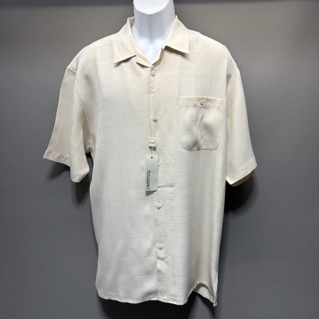 Tulliano Men’s L 100% Silk Camp Shirt Ivory Window Pane Short Sleeve Button Up