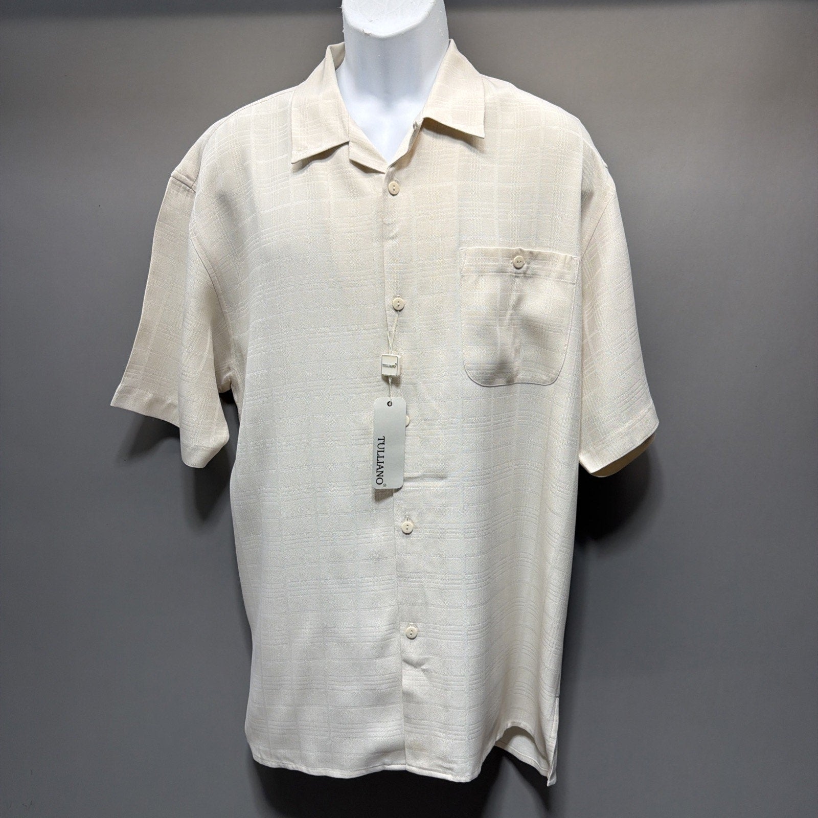 Tulliano Men’s L 100% Silk Camp Shirt Ivory Window Pane Short Sleeve Button Up