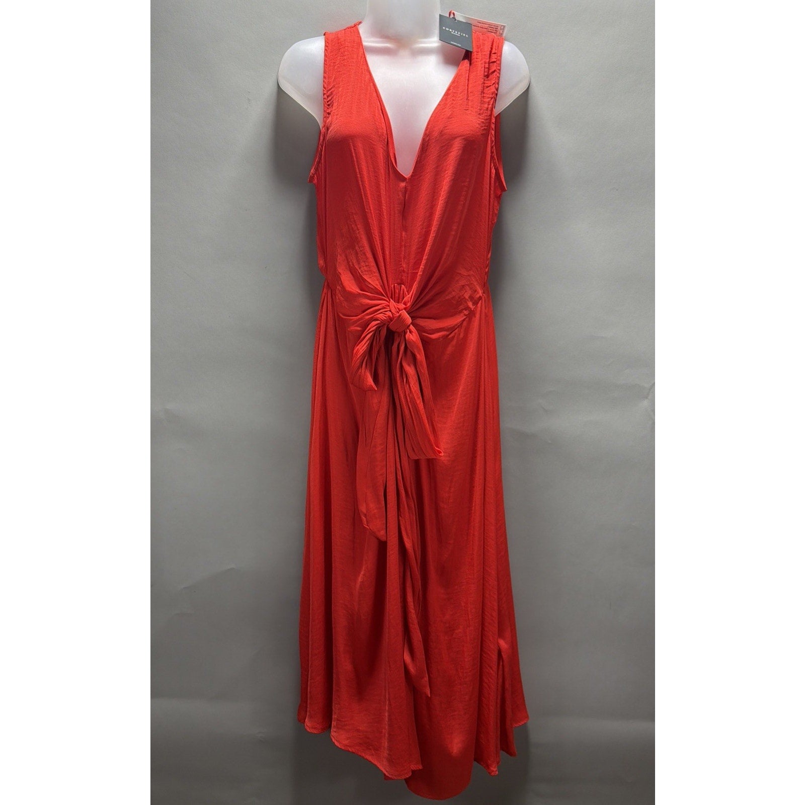 NWT Cortefiel Women M Coral Tie Front Midi Dress Sleeveless V Neck Resort