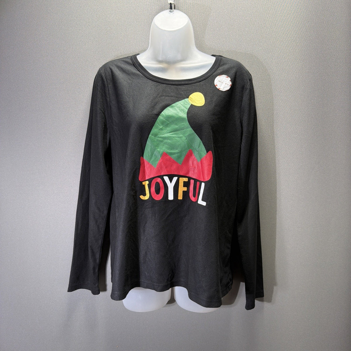 North Pole Black Fleece Size M Lounge Shirt Joyful Elf Hat Ugly Christmas NWT