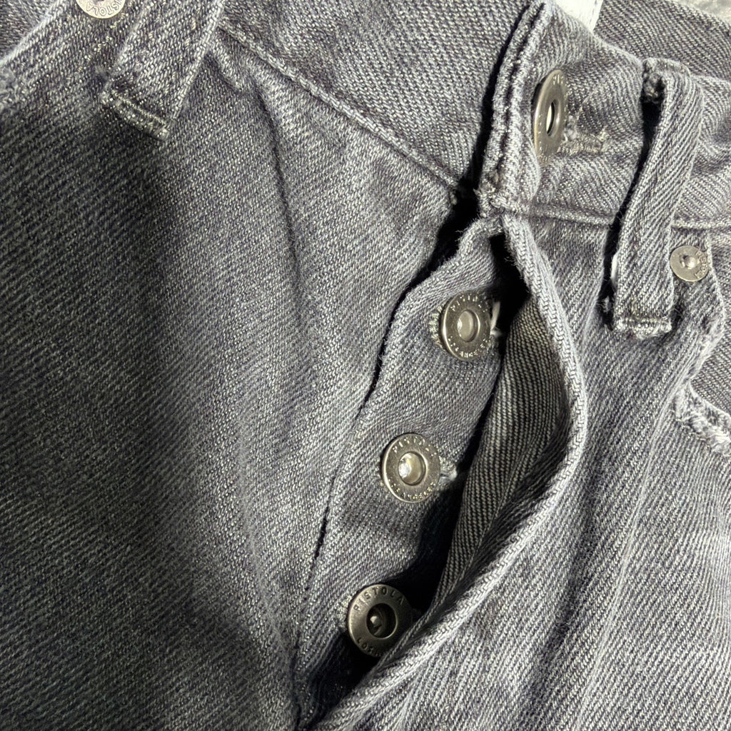 Pistola Distressed Destroyed High Rise Button Fly Mom Jeans in Gray 27