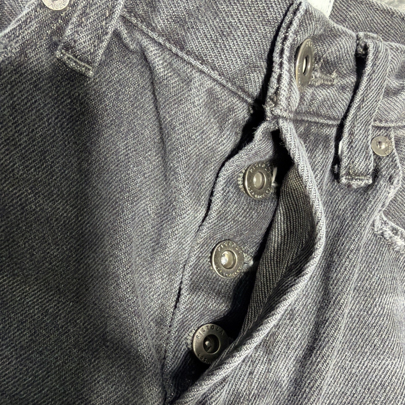 Pistola Distressed Destroyed High Rise Button Fly Mom Jeans in Gray 27